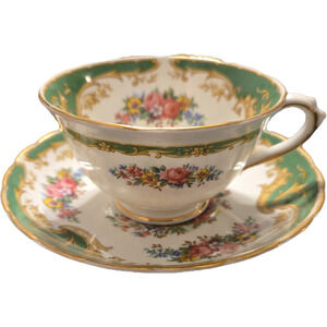 Vintage Tuscan Fine Bone China Tea Cup and Saucer Set "Naples" Green & Gold